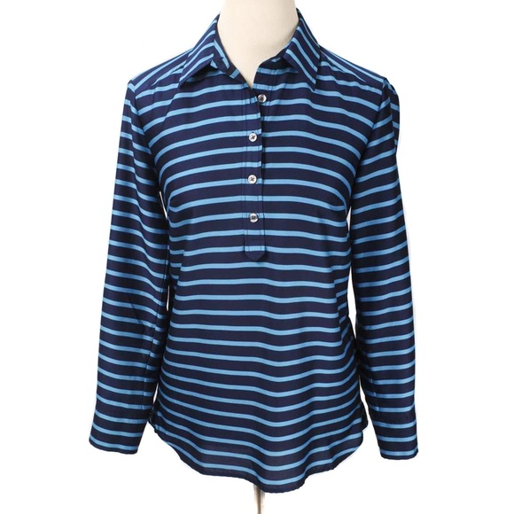 ANN TAYLOR Navy & Blue Striped 1/2 Button Blouse - Picture 1 of 5